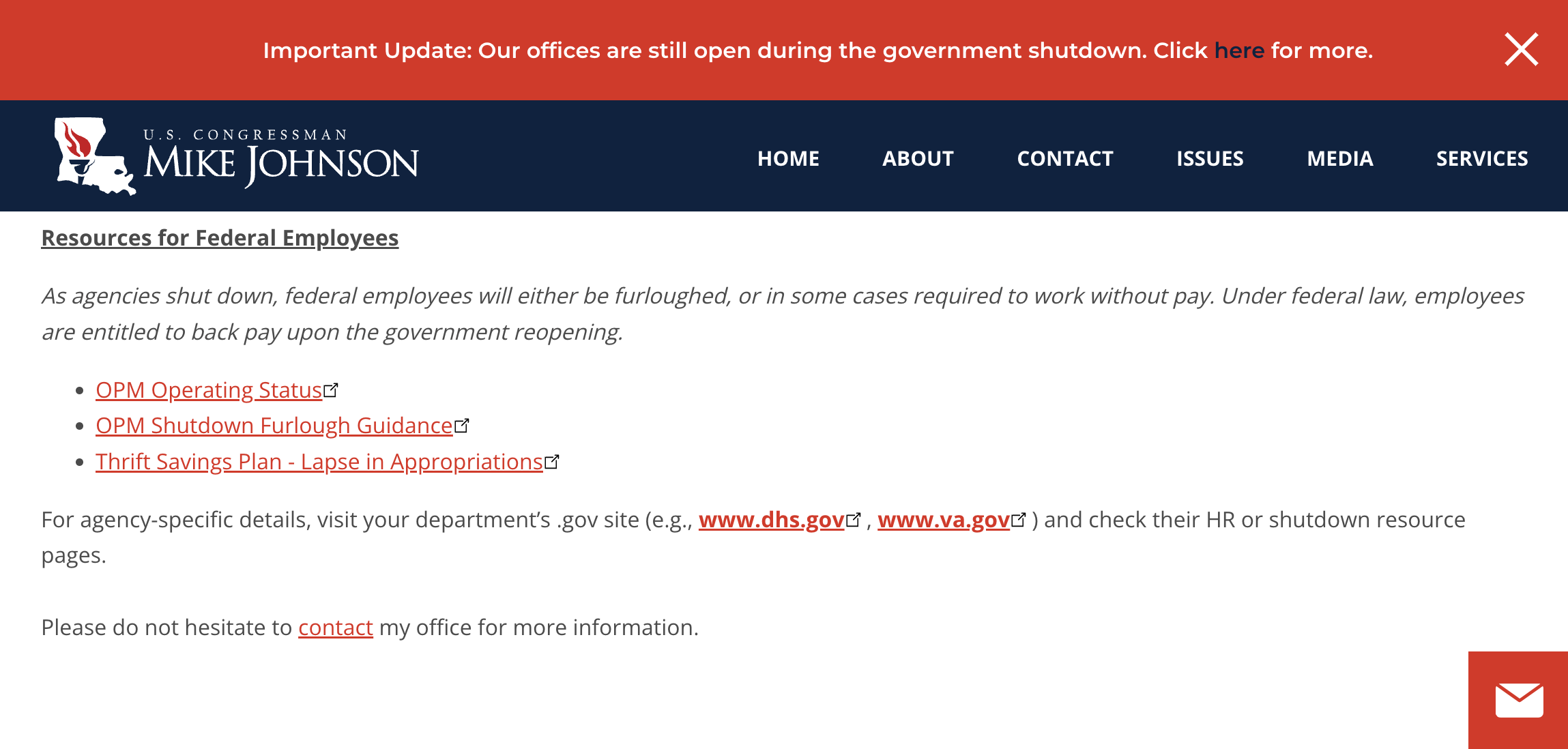 U.S. House Speaker Mike Johnson's website on Oct. 7, 2025, stating, "Under federal law, employees are entitled to back pay upon the government reopening." (States Newsroom screenshot)
