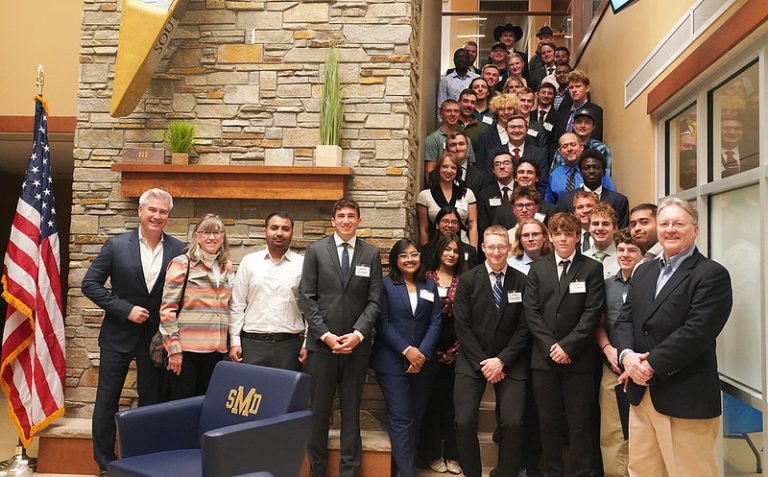 A total of 50 students participated in this year’s EMGE program. Started in 2006, the annual series aims to inspire Mines students to start their own companies someday. The students are pictured with keynote speaker Eric Broughton (Eh 97) and Pat and Jim Linehan, representatives of the John Scully Foundation.
