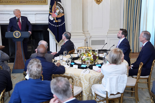President Donald Trump speaks during a breakfast with Senate and House Republicans in the State Dining Room of the White House, Wednesday, Nov. 5, 2025, in Washington. Senate Majority Leader John Thune, R-S.D. and Vice President JD Vance, seated right. (AP Photo/Evan Vucci)