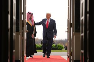 President Donald Trump welcomes Saudi Arabia's Crown Prince Mohammed bin Salman to the White House, Tuesday, Nov. 18, 2025, in Washington. (AP Photo/Evan Vucci)