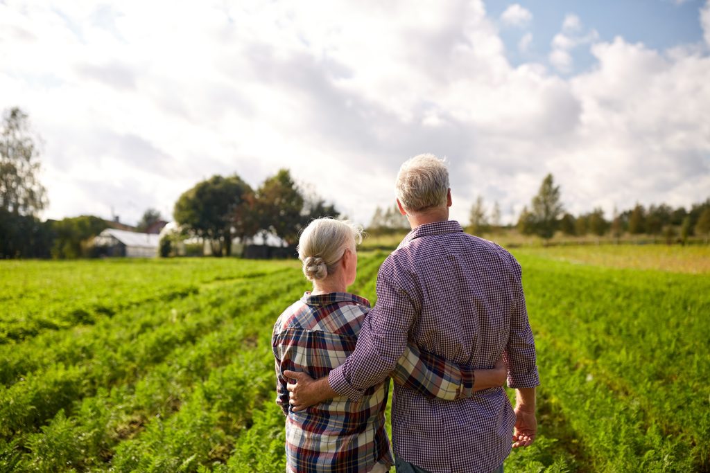 farming, gardening, agriculture and people concept - happy senior couple at summer farm
