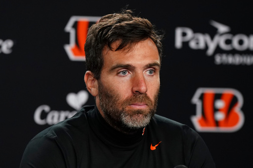 Cincinnati Bengals quarterback Joe Flacco (16) speaks after his team's loss to the Chicago Bears in an NFL football game, Sunday, Nov. 2, 2025, in Cincinnati. (AP Photo/Jeff Dean)