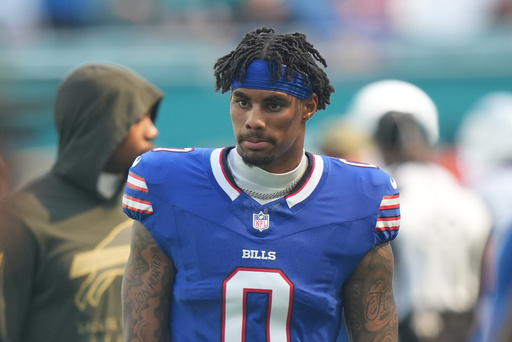 FILE - Buffalo Bills wide receiver Keon Coleman warms up before an NFL football game against the Miami Dolphins, Nov 9, 2025, in Miami Gardens, Fla. (AP Photo/Peter Joneleit, File)