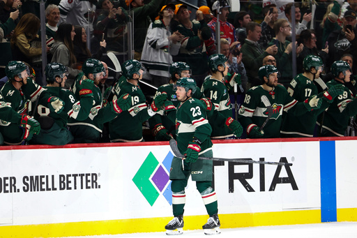 Minnesota Wild center Marco Rossi (23) celebrates at the bench after scoring a goal during the second period of an NHL hockey game against the Vancouver Canucks, Saturday, Nov. 1, 2025, in St. Paul, Minn. (AP Photo/Ellen Schmidt)