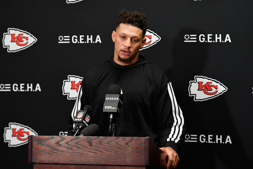 Kansas City Chiefs quarterback Patrick Mahomes speaks during a news conference following an NFL football game against the Buffalo Bills Sunday, Nov. 2, 2025, in Orchard Park. N.Y. (AP Photo/Adrian Kraus)