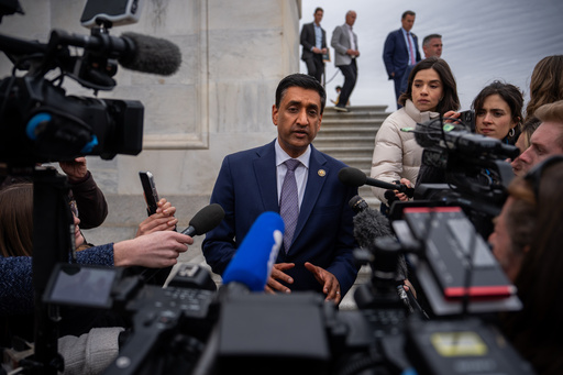 Rep. Ro Khanna, D-Calif., speaks to reporters on the steps of the U.S. Capitol after voting in favor of the Epstein Files Transparency Act, Tuesday, Nov. 18, 2025, in Washington. (AP Photo/Julia Demaree Nikhinson)