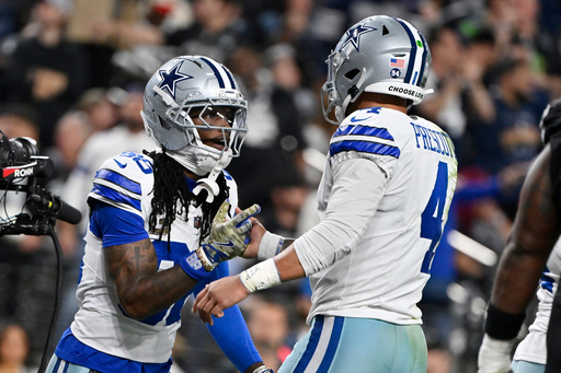 Dallas Cowboys wide receiver CeeDee Lamb, left, celebrates his touchdown against the Las Vegas Raiders with Cowboys quarterback Dak Prescott (4) during the first half of an NFL football game Monday, Nov. 17, 2025, in Las Vegas. (AP Photo/David Becker)