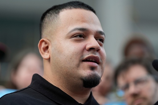 FILE - Kilmar Abrego Garcia attends a protest rally at the Immigration and Customs Enforcement field office in Baltimore, Monday, Aug. 25, 2025, to support Abrego Garcia. (AP Photo/Stephanie Scarbrough, File)