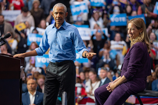 Former President Barack Obama endorses New Jersey Democratic gubernatorial candidate Mikie Sherrill at a campaign rally, Saturday, Nov. 1, 2025, in Newark, N.J. (AP Photo/Angelina Katsanis)
