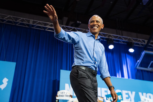 Former President Barack Obama arrives to a rally for New Jersey Democratic gubernatorial candidate Mikie Sherrill at a campaign event, Saturday, Nov. 1, 2025, in Newark, N.J. (AP Photo/Angelina Katsanis)