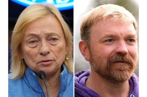 FILE - This photo combination shows Gov. Janet Mills in Lewiston, Maine, Oct. 27, 2023 and Graham Platner, Democratic candidate for U.S. Senate, Nov. 3, 2025, in Sullivan, Maine.. (AP Photo/Matt Rourke, Robert F. Bukaty, File)