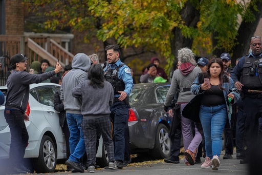 People protesting the actions of federal immigration agents in Little Village clash with Chicago police officers Saturday, Nov. 8, 2025, in Chicago. (AP Photo/Erin Hooley)