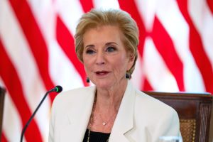 FILE - Education Secretary Linda McMahon speaks during a meeting in the East Room of the White House, Sept. 4, 2025, in Washington. (AP Photo/Alex Brandon, File)