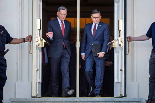 FILE - Sen. John Barrasso, R-Wyo., the Senate GOP whip, left, and Speaker of the House Mike Johnson, R-La., arrive for a news conference with top Republicans on the government shutdown, at the Capitol in Washington, Oct. 1, 2025. (AP Photo/J. Scott Applewhite, File)