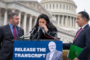 From left, Rep. Eugene Vindman, D-Va., Hanan El-Atr Khashoggi, the widow of slain journalist Jamal Khashoggi, and Rep. Jamie Raskin, D-Md., hold a news conference as they call on President Donald Trump to release the transcript of a call he had with Saudi Crown Prince Mohammed bin Salman after Khashoggi's killing, at the Capitol in Washington, Friday, Nov. 21, 2025. (AP Photo/J. Scott Applewhite)