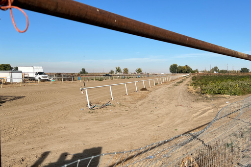 La Catedral Arena horse race track in Wilder, Idaho is seen on Oct. 22, 2025, three days after the FBI and other law enforcement agencies raided the property as part of a gambling investigation. (AP Photo/Rebecca Boone)