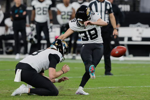 Jacksonville Jaguars place kicker Cam Little (39) kicks a field goal during the second half of an NFL football game against the Las Vegas Raiders, Sunday, Nov. 2, 2025, in Las Vegas. (AP Photo/Steve Marcus)