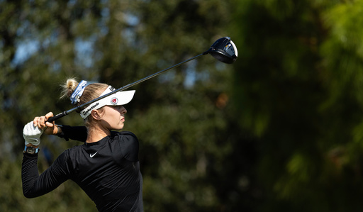Nelly Korda tees off on from the second hole during the final round of The Annika LPGA golf tournament in Belleair, Fla., Sunday, Nov. 16, 2025. (AP Photo/Willie J. Allen Jr.)