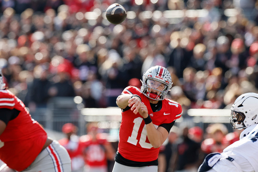 Ohio State quarterback Julian Sayin throws a pass against Penn State during the second half of an NCAA college football game, Saturday, Nov. 1, 2025, in Columbus, Ohio. (AP Photo/Jay LaPrete)