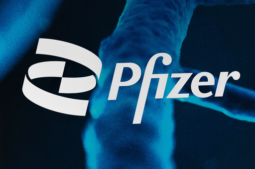 FILE - The Pfizer logo is displayed at the company's headquarters, Friday, Feb. 5, 2021, in New York. (AP Photo/Mark Lennihan, File)