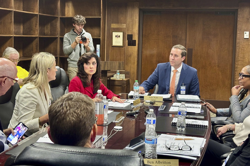 John Wahl, chairman of the Alabama Public Library Service Board of Directors, center right, listens during a meeting in Montgomery, Ala., Thursday, Nov. 20, 2025. (AP Photo/Kim Chandler)