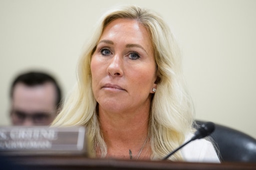 FILE - Rep. Marjorie Taylor-Greene, R-Ga., presides over a House Committee hearing on Capitol Hill, Feb. 12, 2025, in Washington. (AP Photo/Rod Lamkey, Jr., File)