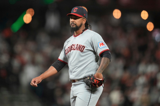 FILE - Cleveland Guardians pitcher Emmanuel Clase during a baseball game against the San Francisco Giants, in San Francisco, June 17, 2025. (AP Photo/Jeff Chiu, file)