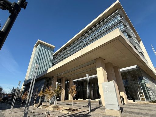 A person stands outside of the Franklin County Common Pleas Courthouse on Thursday, Nov. 13, 2025, in Columbus, Ohio. (AP Photo/Patrick Aftoora-Orsagos)
