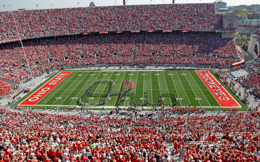 FILE - In this Oct. 9, 2010, file photo, Ohio State's band performs "Script Ohio" before an NCAA college football game against Indiana in Columbus, Ohio. (AP Photo/Jay LaPrete, File)