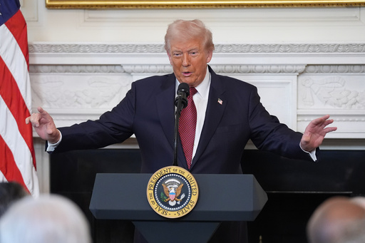 President Donald Trump speaks during a breakfast with Senate and House Republicans in the State Dining Room of the White House, Wednesday, Nov. 5, 2025, in Washington. (AP Photo/Evan Vucci)