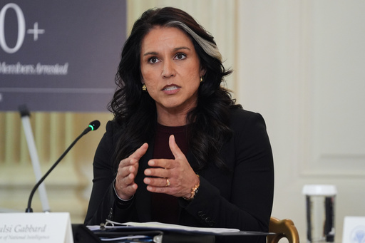 Director of National Intelligence Tulsi Gabbard speaks during a roundtable on criminal cartels with President Donald Trump in the State Dining Room of the White House, Thursday, Oct. 23, 2025, in Washington. (AP Photo/Evan Vucci)