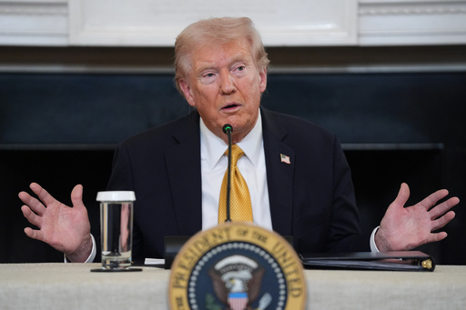 FILE - President Donald Trump answers questions from reporters during a roundtable on criminal cartels in the State Dining Room of the White House, Oct. 23, 2025, in Washington. (AP Photo/Evan Vucci, File)