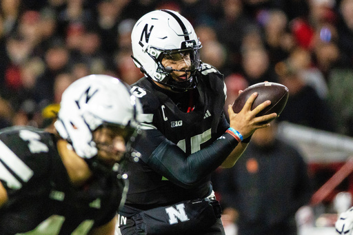 Nebraska quarterback Dylan Raiola (15) looks to pass against Southern California during the first half of an NCAA college football game Saturday, Nov. 1, 2025, in Lincoln, Neb. (AP Photo/Bonnie Ryan)