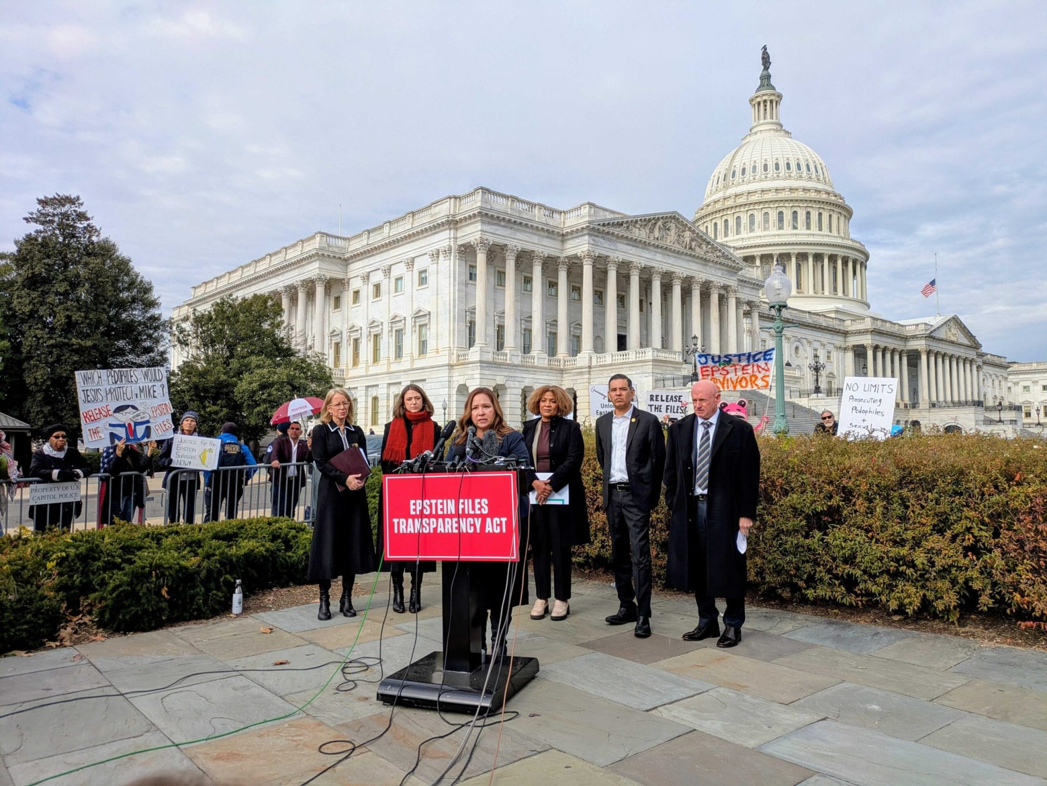 U.S. Rep. Adelita Grijalva, D-Ariz., who became the 218th signature on the discharge petition to force a vote on disclosing the Epstein files, spoke outside the U.S. Capitol on Tuesday, Nov. 18, 2025. (Photo by Ashley Murray/States Newsroom)