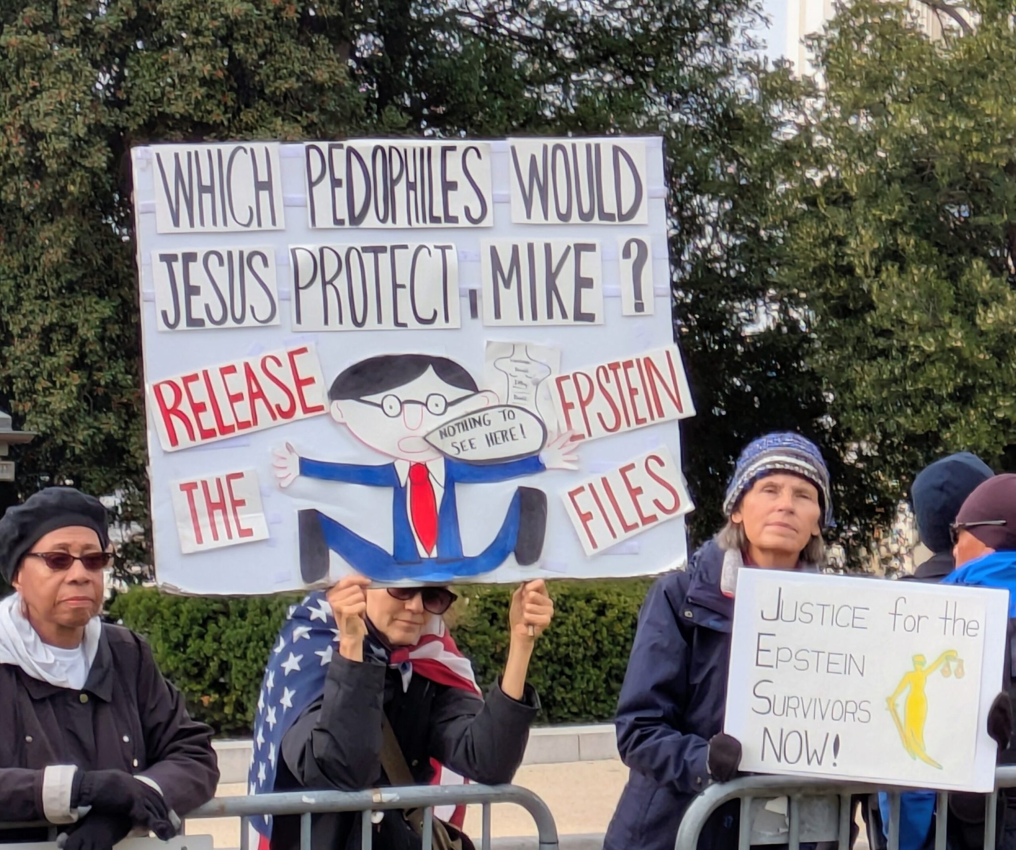 Robin Galbraith, 61, of Maryland, and Donna Powell, 67, of Washington, D.C., held signs outside the U.S. Capitol on Tuesday, Nov. 18, 2025, ahead of a U.S. House vote on releasing the Epstein files. (Photo by Ashley Murray/States Newsroom)