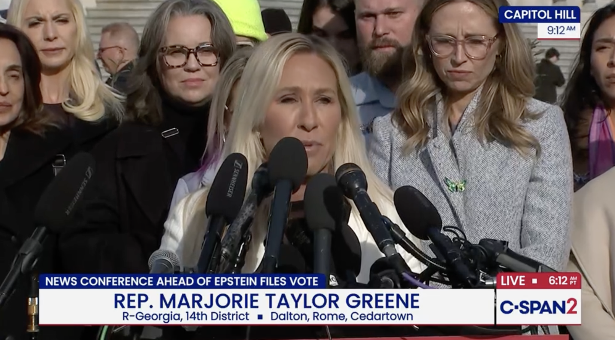 U.S. Rep. Marjorie Taylor Greene, R-Ga., stood and spoke alongside women who shared stories of sexual abuse by the late convicted sex offender Jeffrey Epstein, on Tuesday, Nov. 18, 2025, ahead of a U.S. House vote to compel release of the government's Epstein case files. (Screenshot courtesy of C-SPAN)