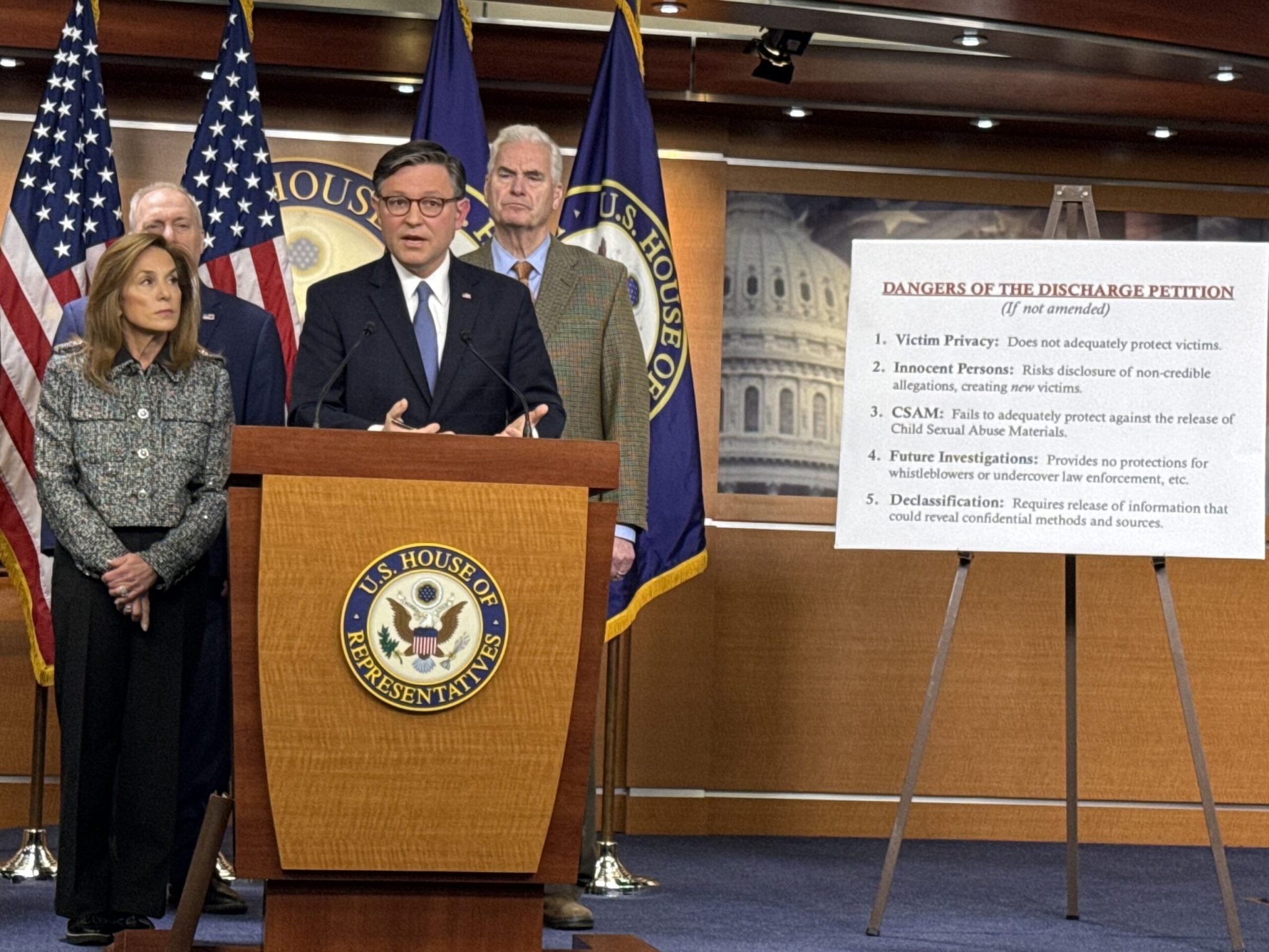U.S. House Speaker Mike Johnson, R-La., speaks during a press conference on Tuesday, Nov. 18, 2025. Also pictured, from left, are House Republican Conference Chair Lisa McClain of Michigan, House Majority Leader Steve Scalise of Louisiana and House Republican Whip Tom Emmer of Minnesota. (Photo by Jennifer Shutt/States Newsroom)