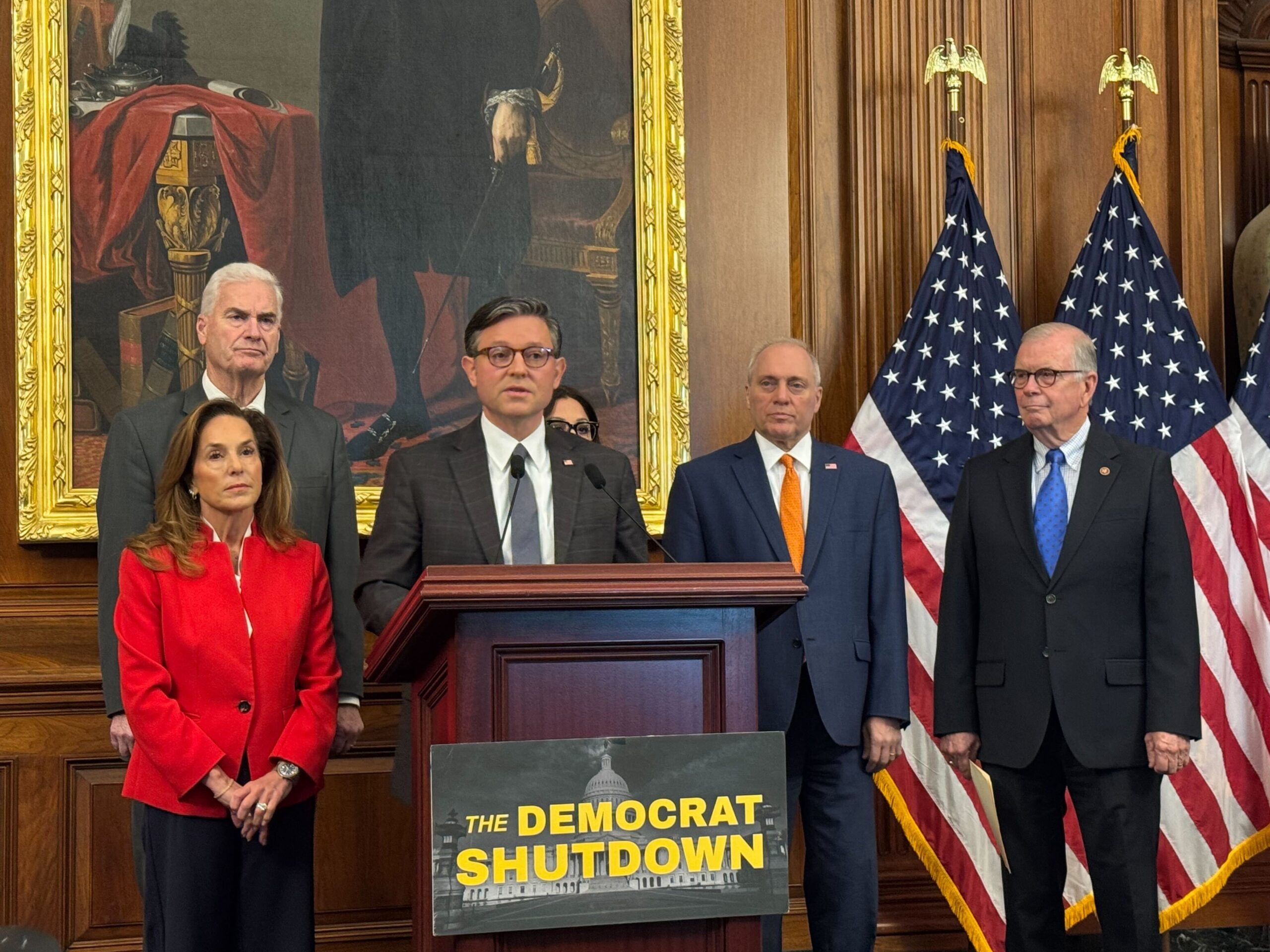 U.S. House Speaker Mike Johnson, a Louisiana Republican, speaks at a press conference Nov. 4, 2025, at the U.S. Capitol in Washington, D.C. He was joined by, from left, House GOP Conference Chair Lisa McClain of Michigan, House Majority Whip Tom Emmer of Minnesota, Labor Secretary Lori Chavez-DeRemer, House Majority Leader Steve Scalise of Louisiana and House Education and Workforce Committee Chair Tim Walberg of Michigan. (Photo by Shauneen Miranda/States Newsroom)