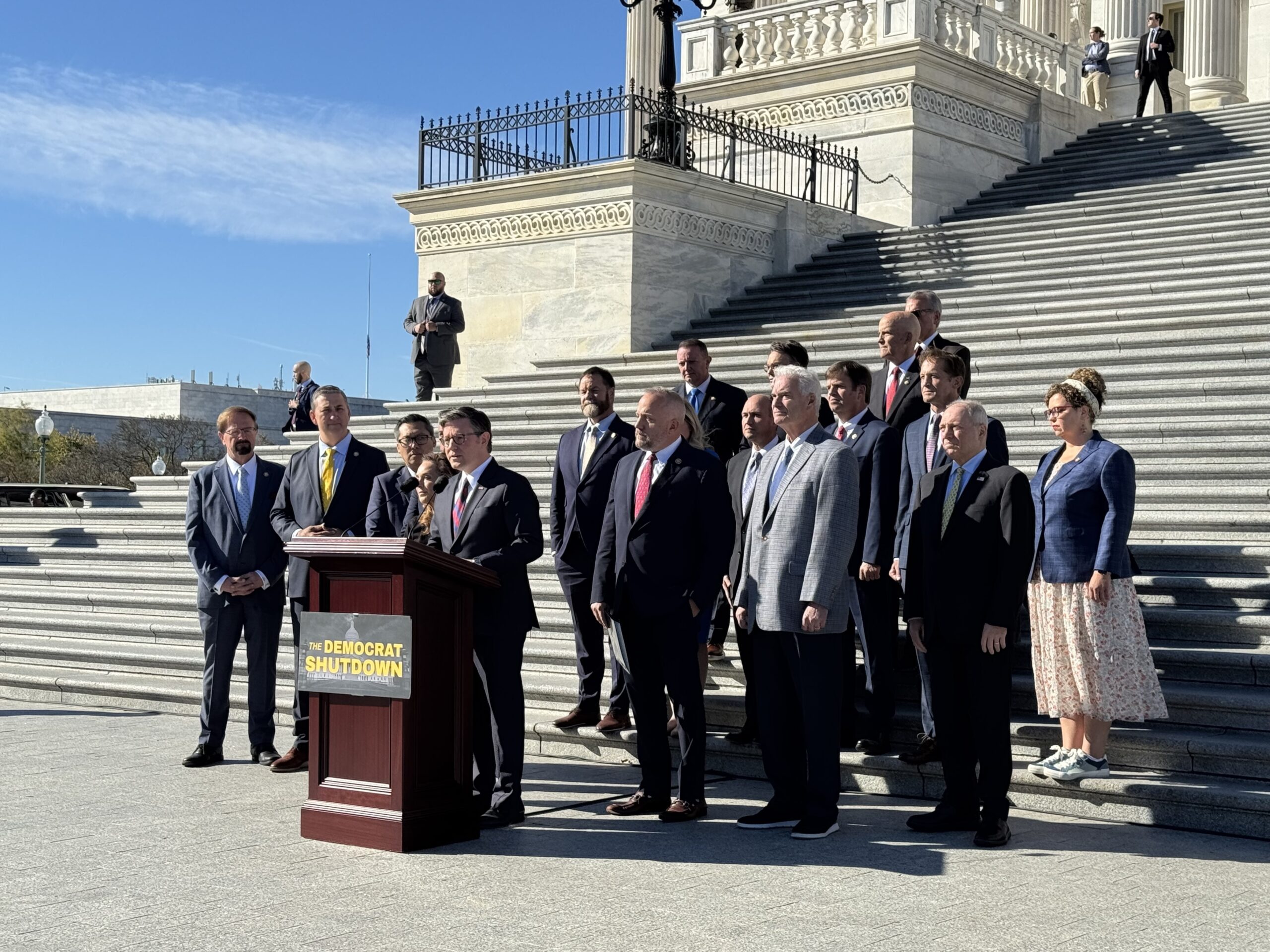 U.S. House Speaker Mike Johnson, a Louisiana Republican, speaks at a press conference Nov. 5, 2025, outside the U.S. Capitol in Washington, D.C., alongside House GOP leadership and several House Republican lawmakers. (Photo by Shauneen Miranda/States Newsroom)